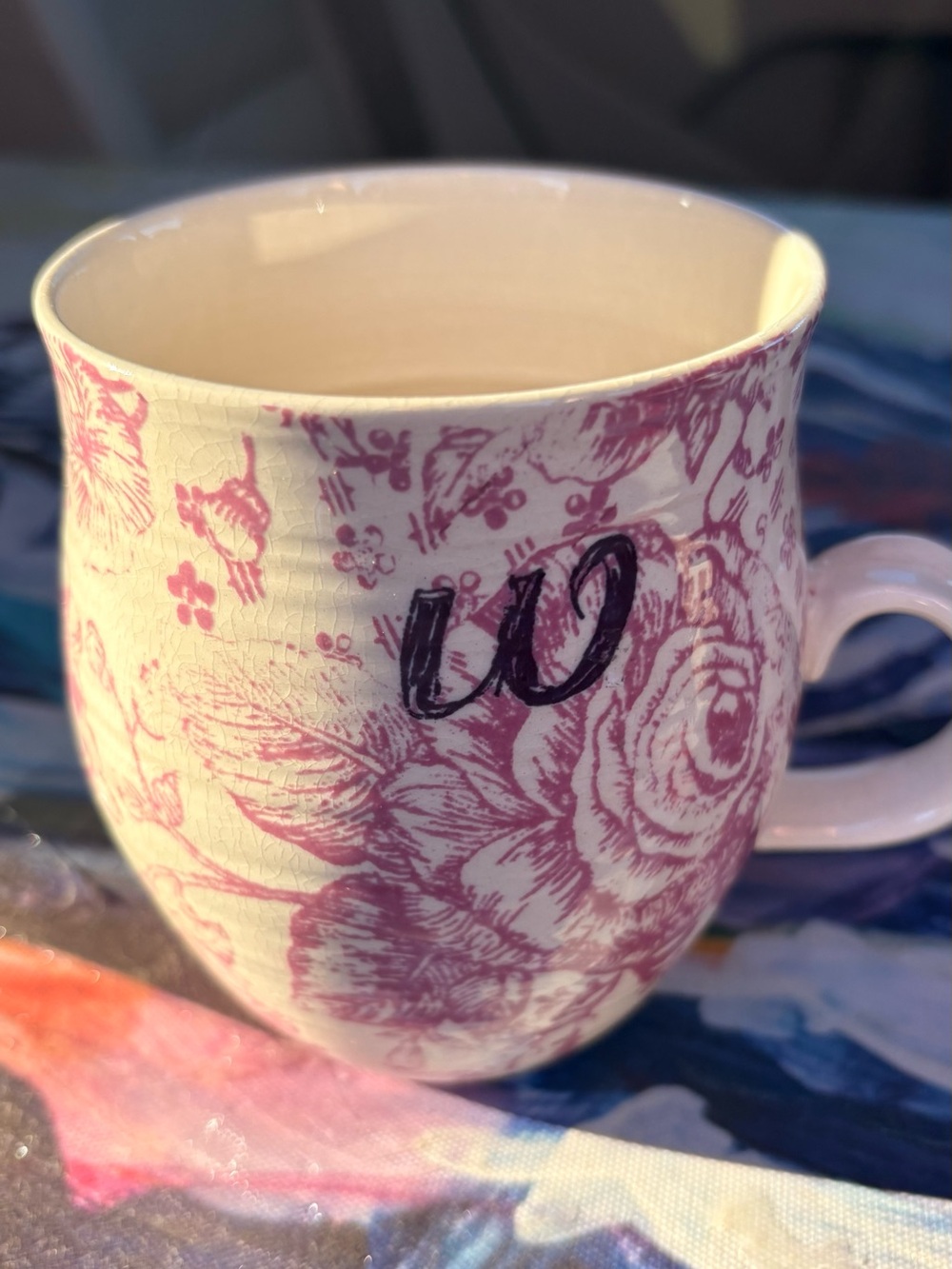 Anthropologie Floral Homegrown Toile Monogram Mug W Pink Floral